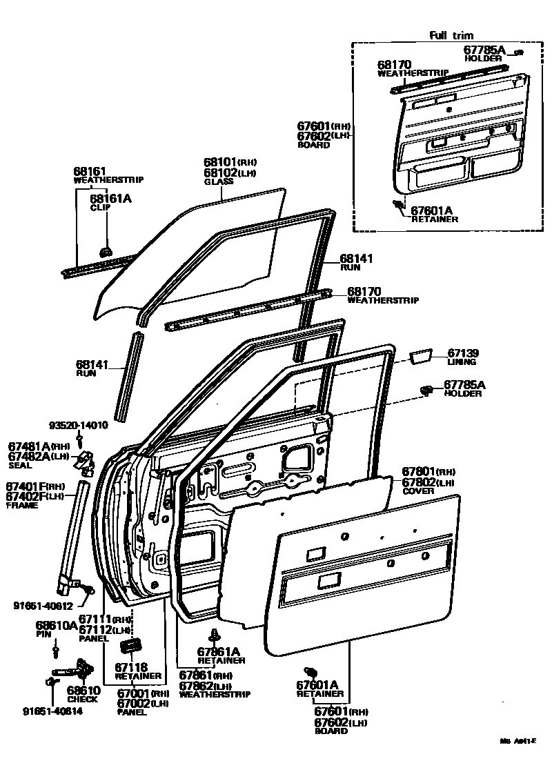 Toyota COROLLA 前门板和前门玻璃 EPC diagram — MBA641E