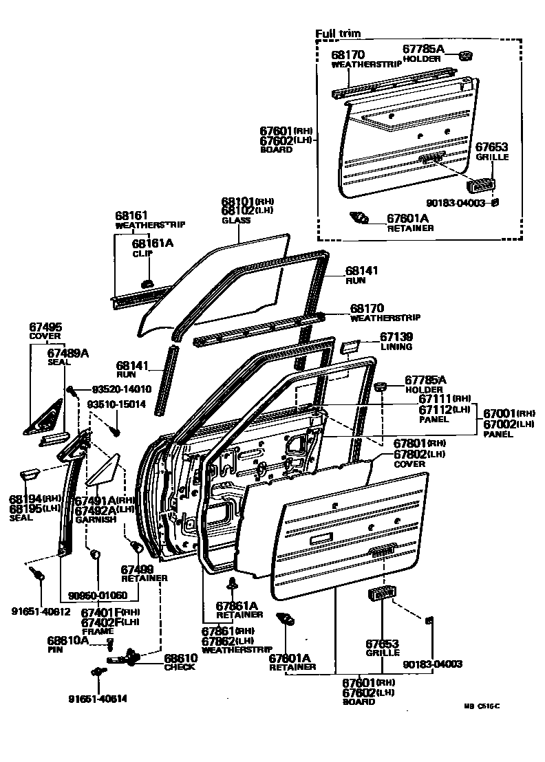Toyota COROLLA 前门板和前门玻璃 EPC diagram — MBC516C