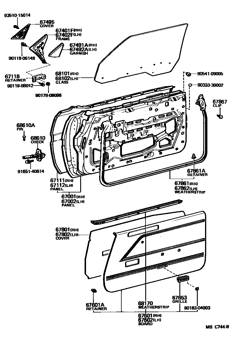 Toyota COROLLA 前门板和前门玻璃 EPC diagram — MBC744B