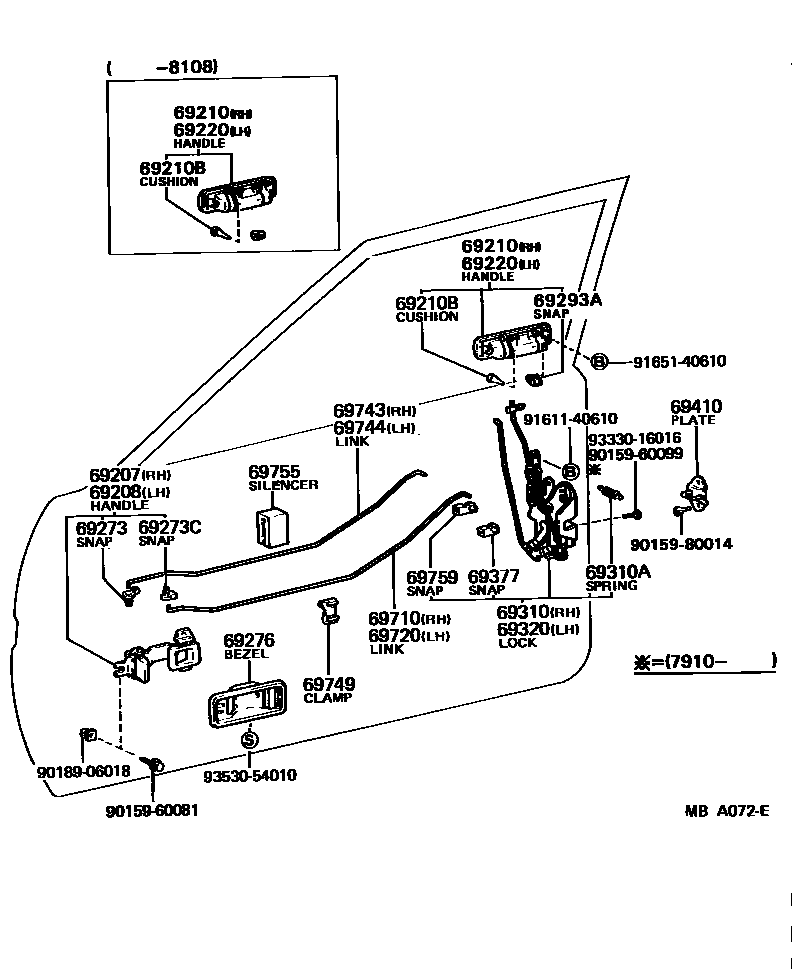 Toyota COROLLA 前门锁和车门把手 EPC diagram — MBA072E
