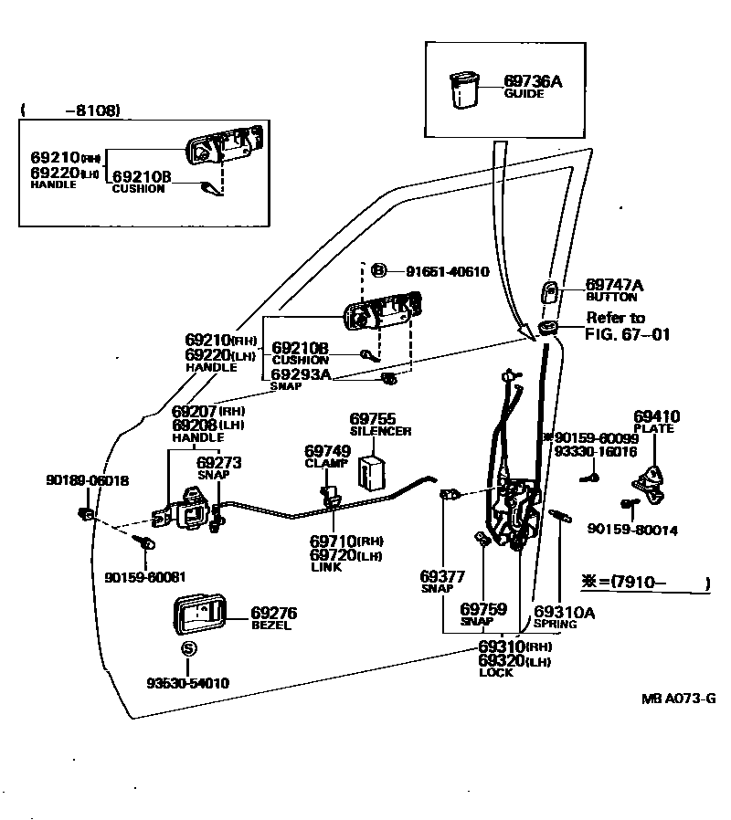 Toyota COROLLA 前门锁和车门把手 EPC diagram — MBA073G