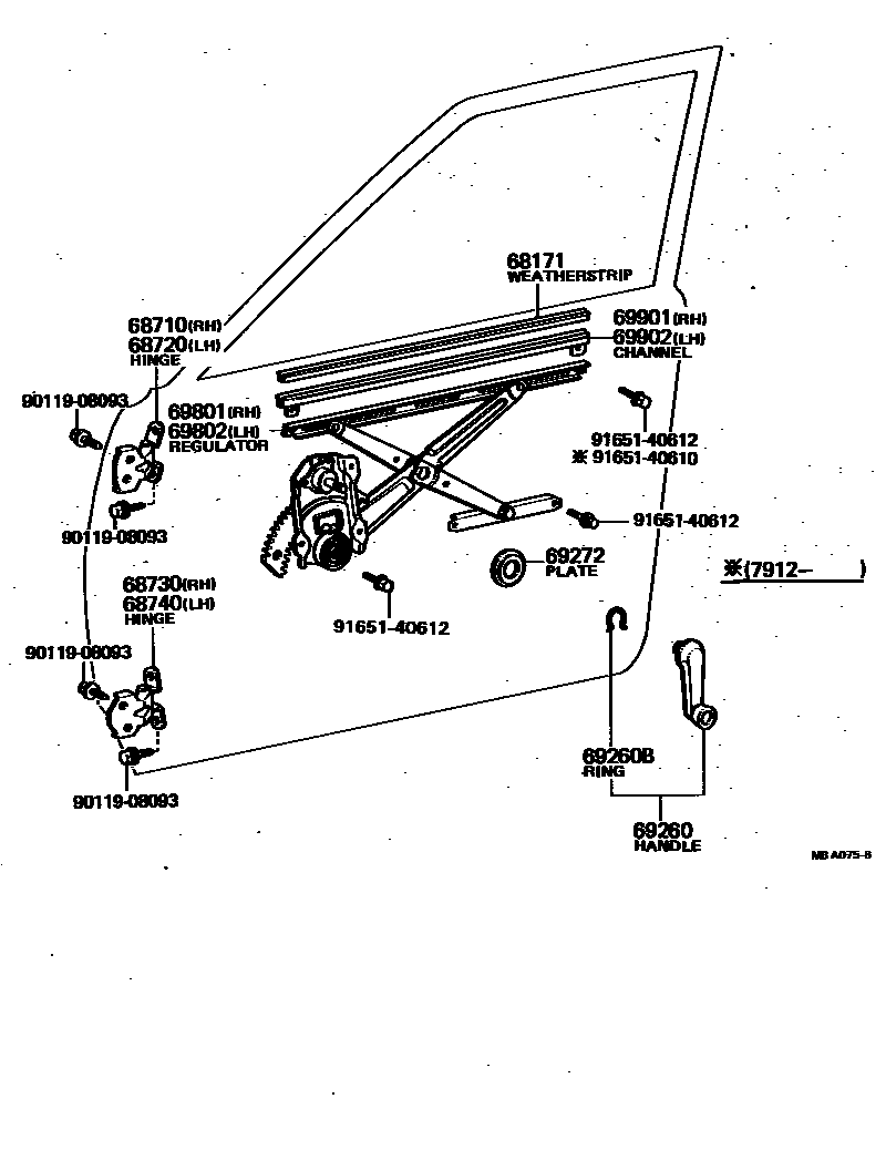 Toyota COROLLA 前门车窗升降器和合页 EPC diagram — MBA075B