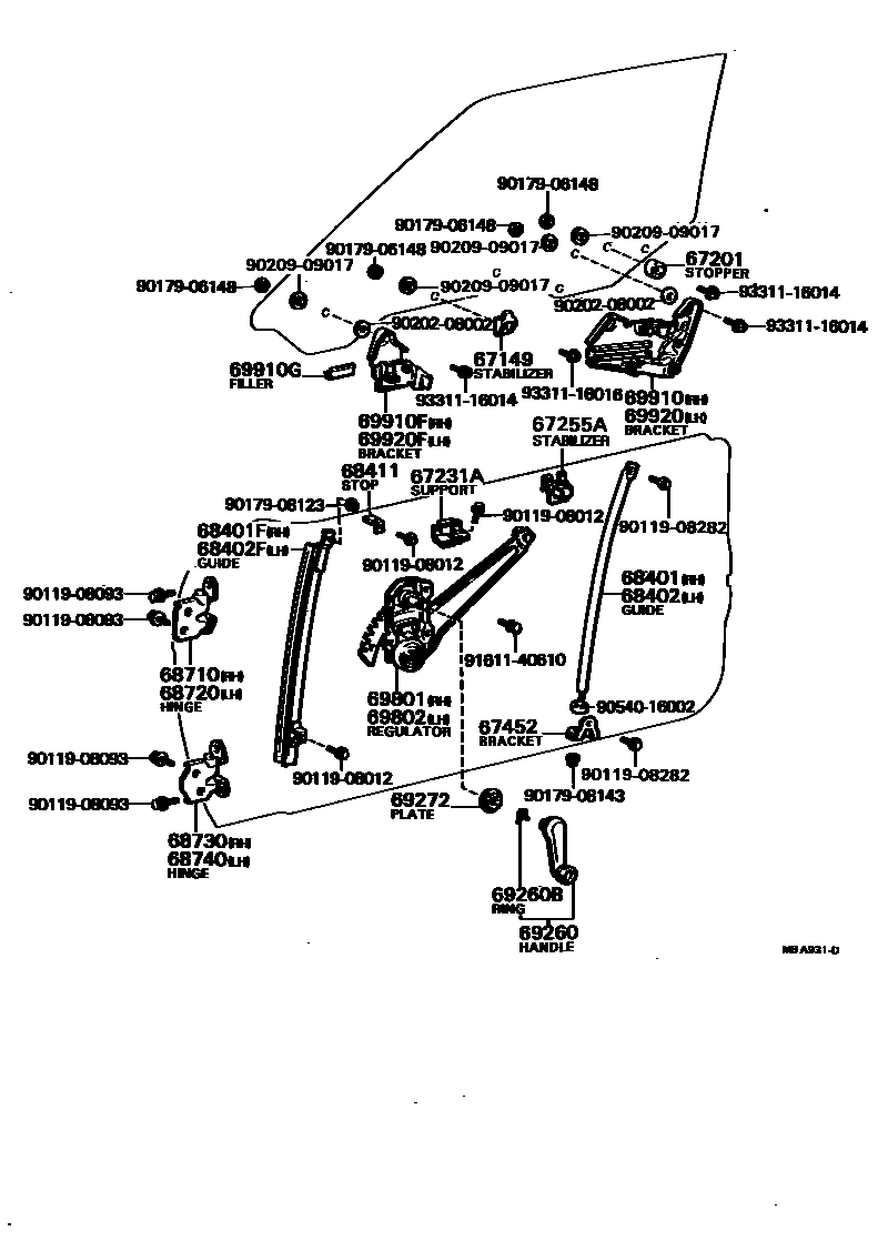 Toyota COROLLA 前门车窗升降器和合页 EPC diagram — MBA931D