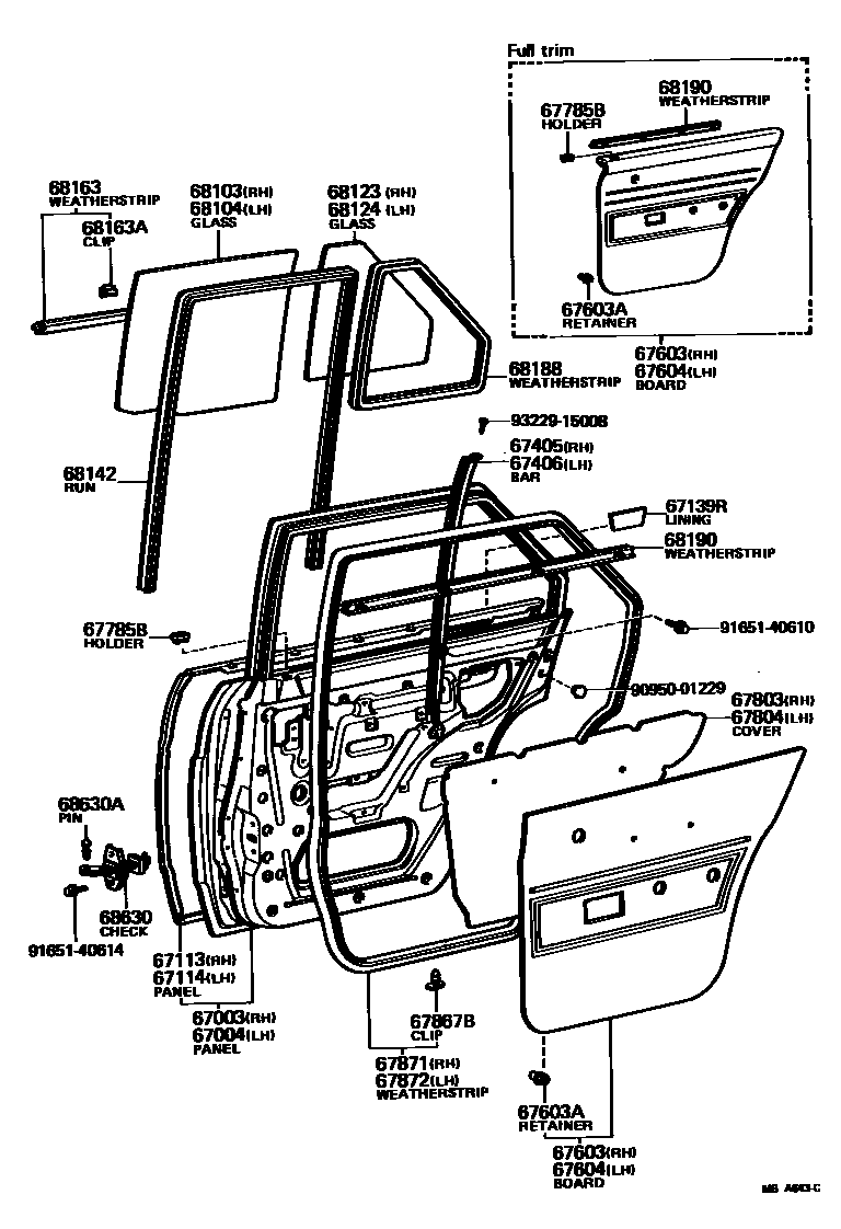 Toyota COROLLA 后门板和后门玻璃 EPC diagram — MBA643C