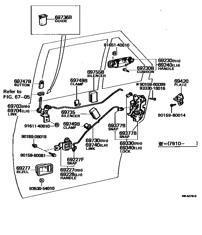 Toyota COROLLA 后门锁和后门把手 EPC diagram — MBA079D