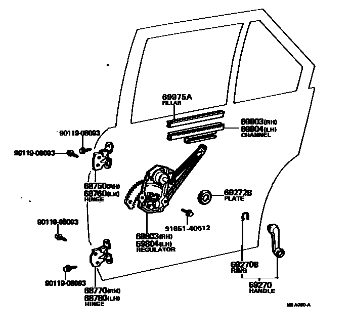Toyota COROLLA 后门车窗升降器和合页 EPC diagram — MBA080A