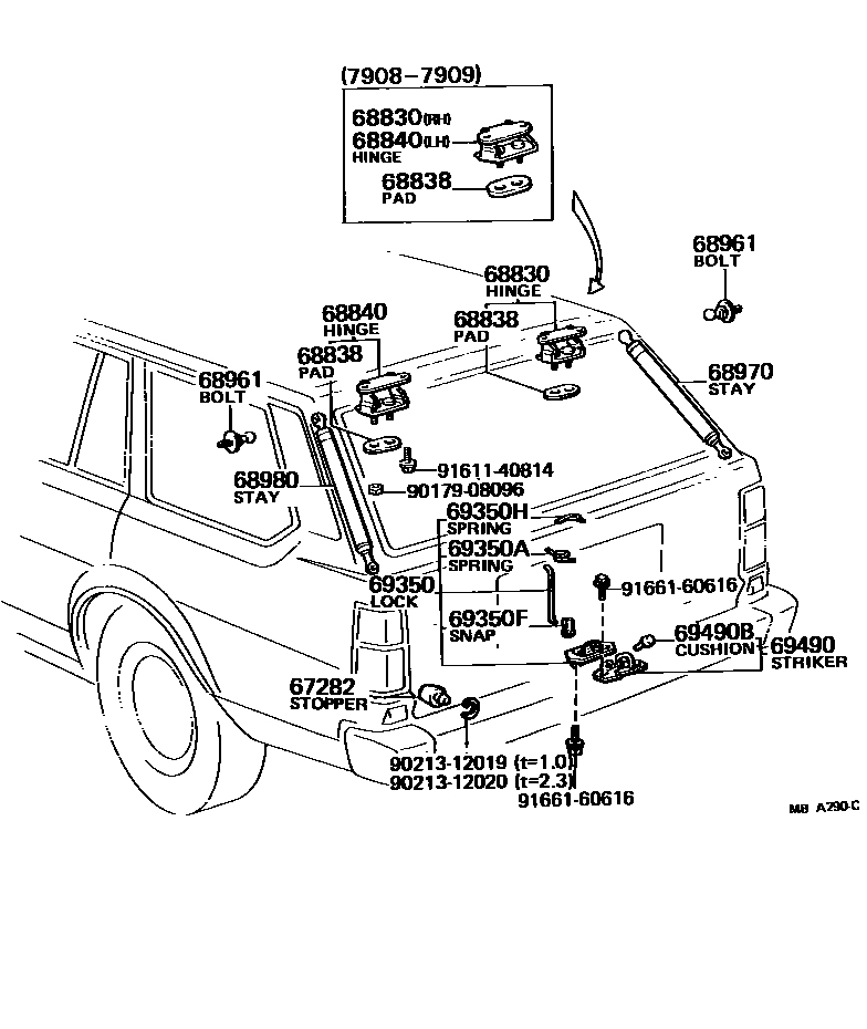 Toyota COROLLA 背门锁和背门把手 EPC diagram — MBA290C