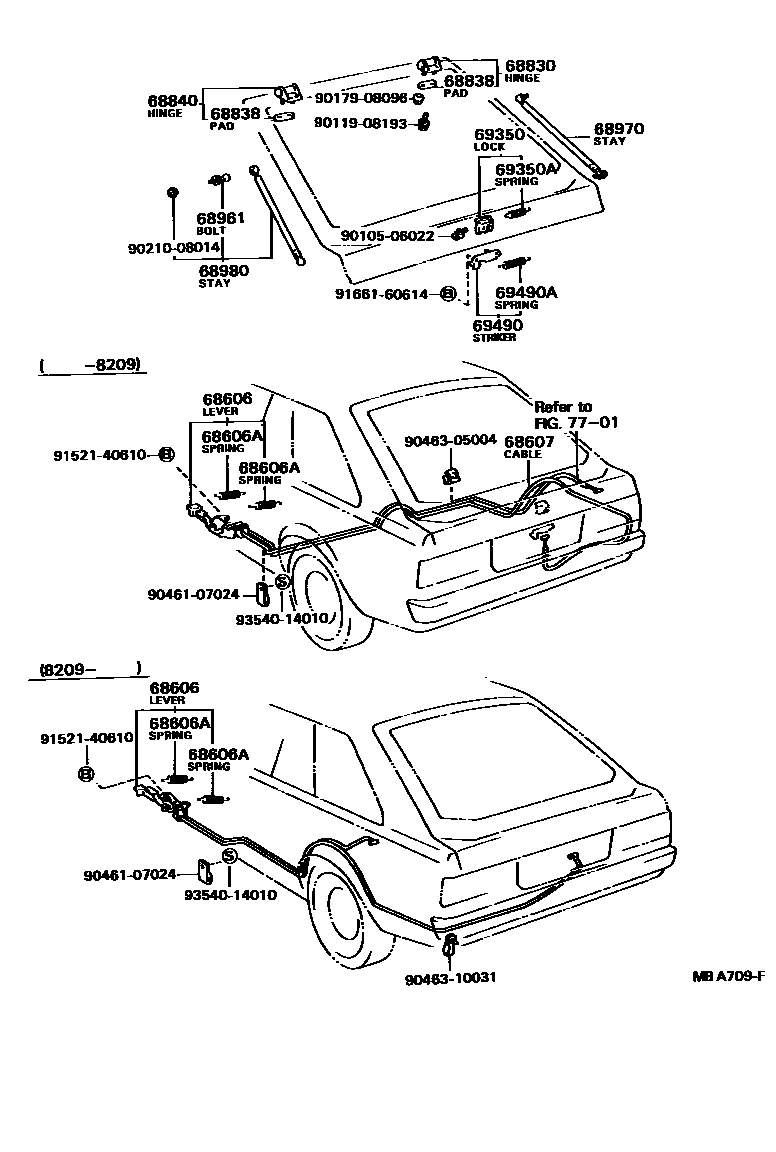 Toyota COROLLA 背门锁和背门把手 EPC diagram — MBA709F