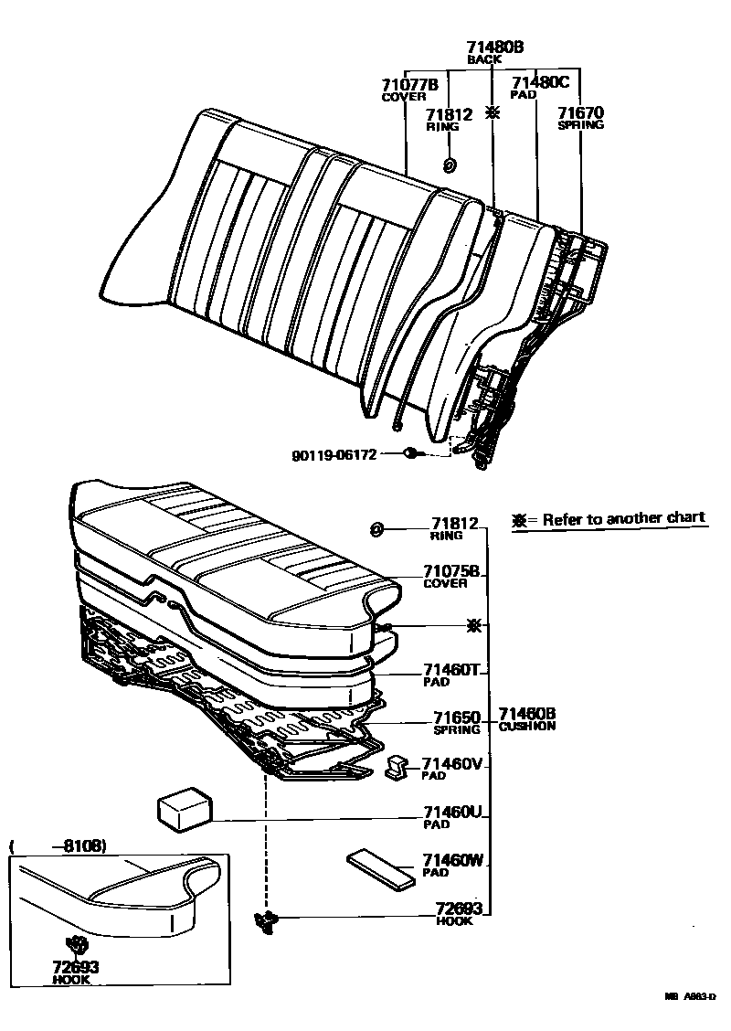 Toyota COROLLA 后排座椅和座椅滑轨 EPC diagram — MBA663D