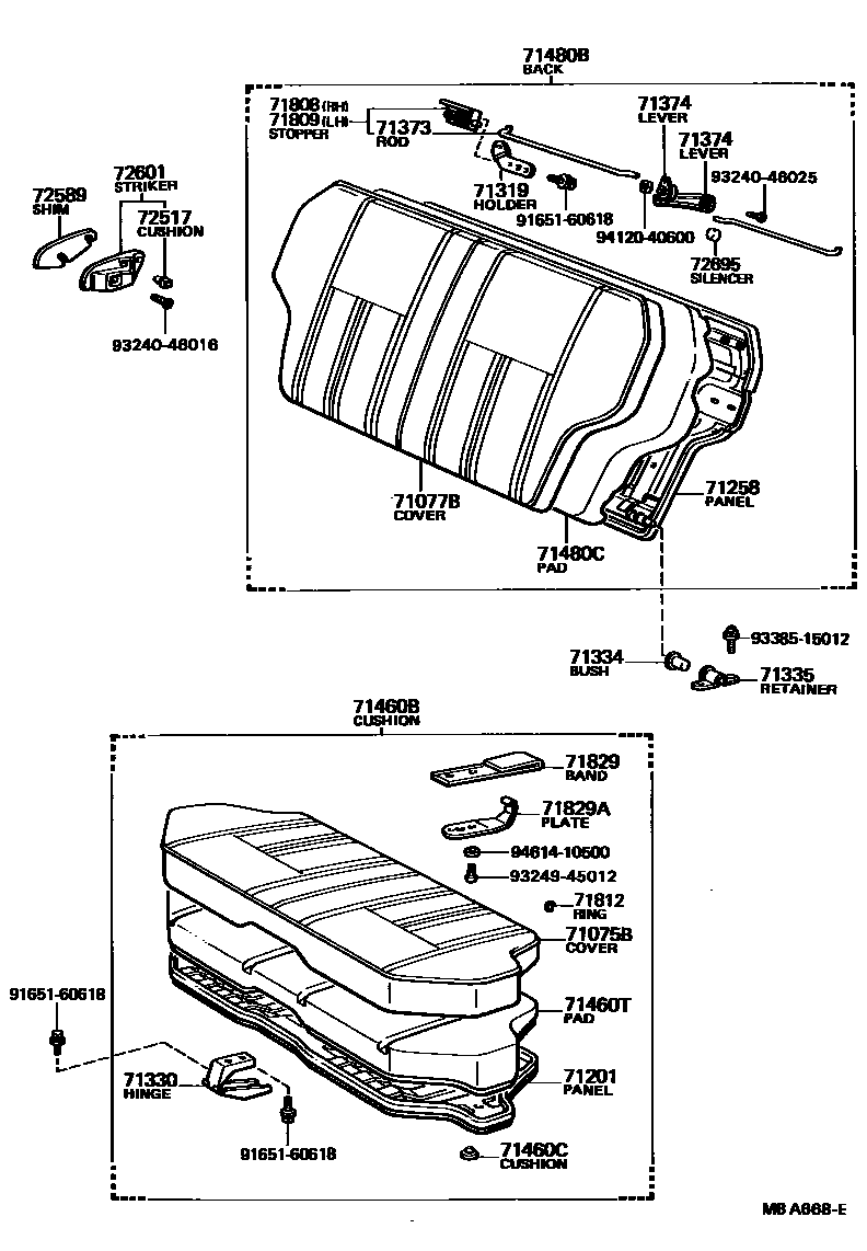 Toyota COROLLA 后排座椅和座椅滑轨 EPC diagram — MBA668E