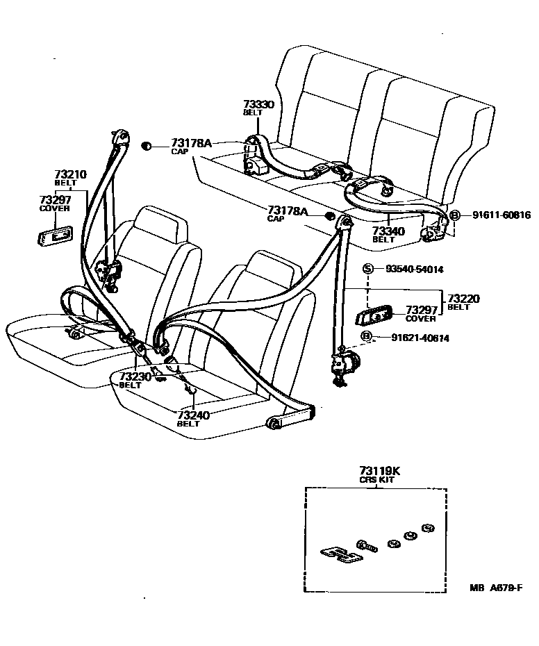 Toyota COROLLA 安全带和儿童保护座椅 EPC diagram — MBA679F