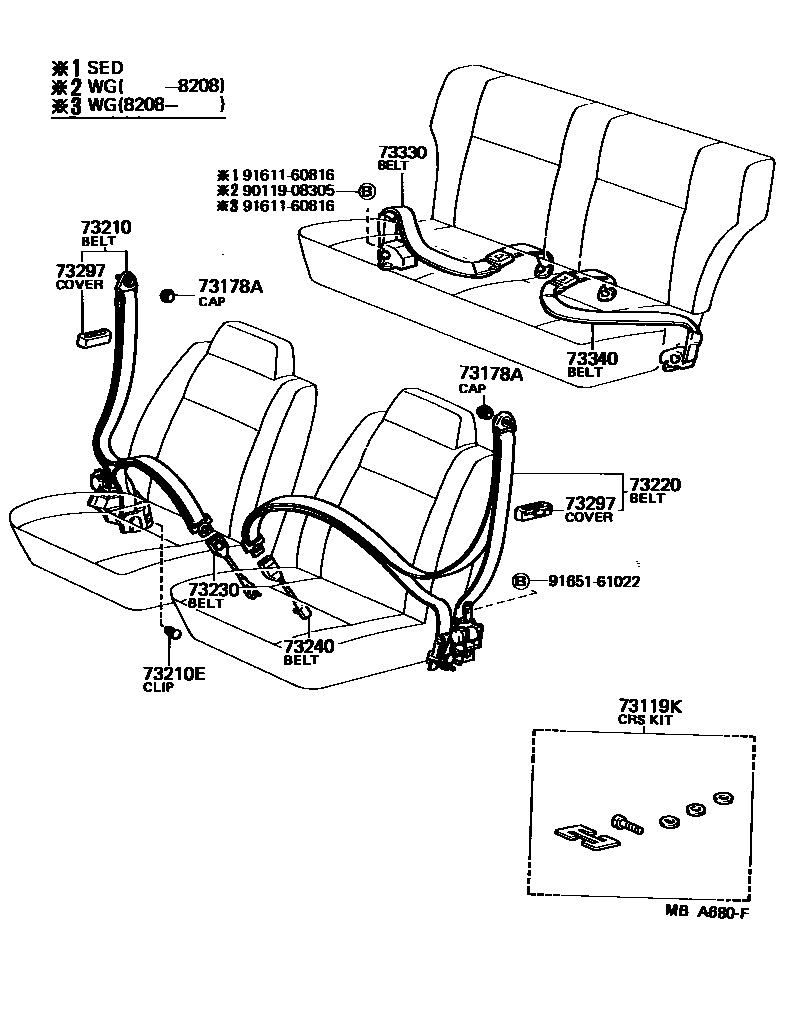 Toyota COROLLA 安全带和儿童保护座椅 EPC diagram — MBA680F