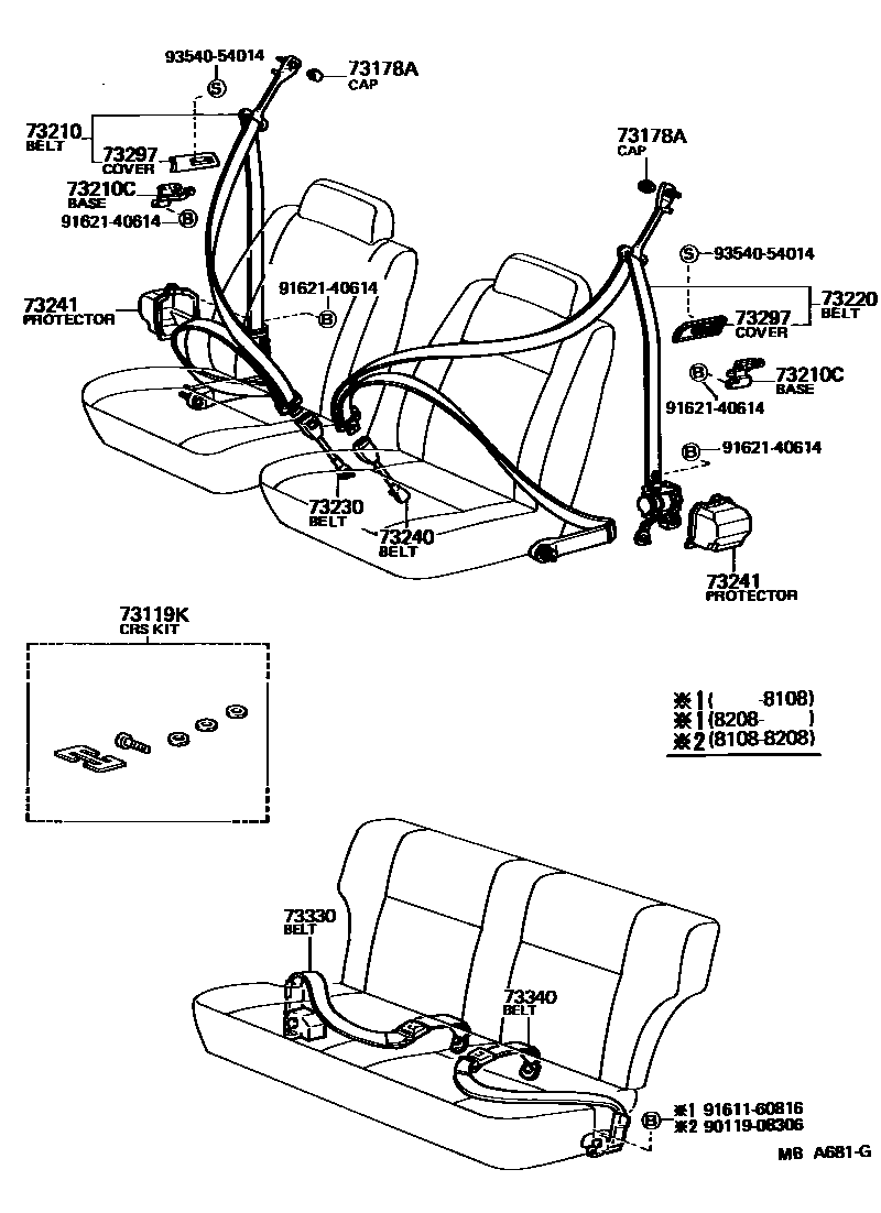 Toyota COROLLA 安全带和儿童保护座椅 EPC diagram — MBA681G