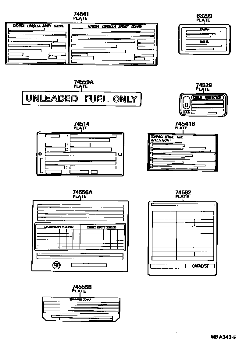 Toyota COROLLA 警示铭牌(车外和车内) EPC diagram — MBA343E