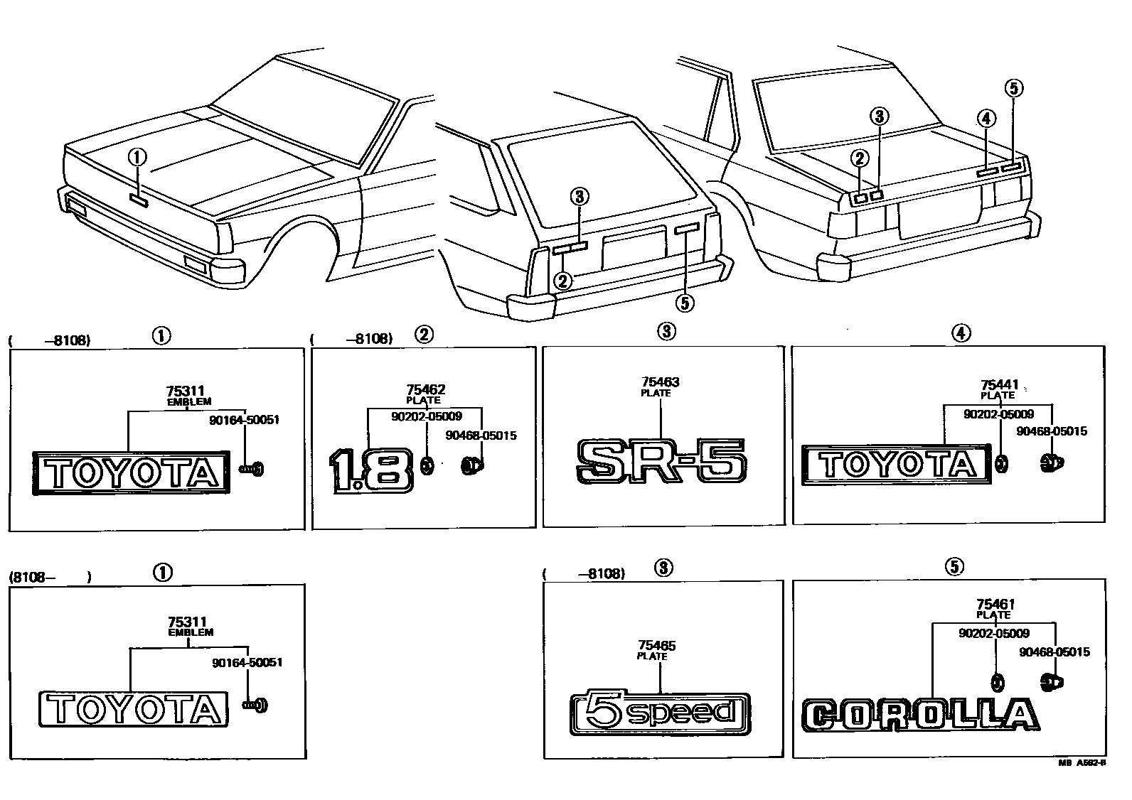 Toyota COROLLA 丰田徽标和铭牌(车外和车内) EPC diagram — MBA562B