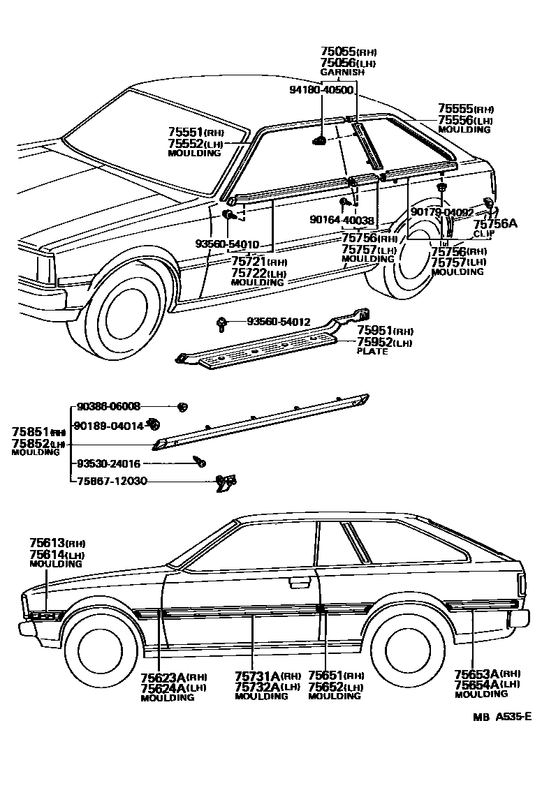 Toyota COROLLA 侧防护条 EPC diagram — MBA535E