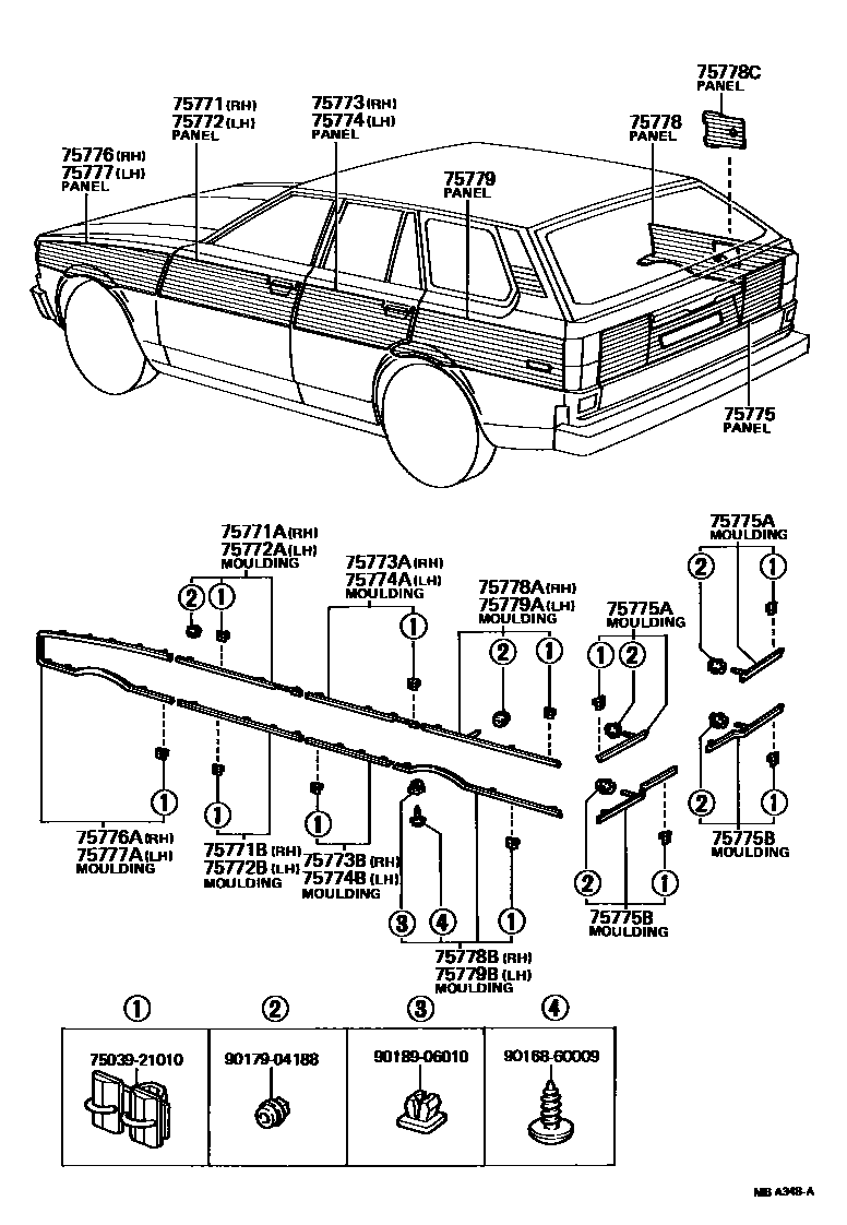 Toyota COROLLA 木纹面板和防护条 EPC diagram — MBA348A