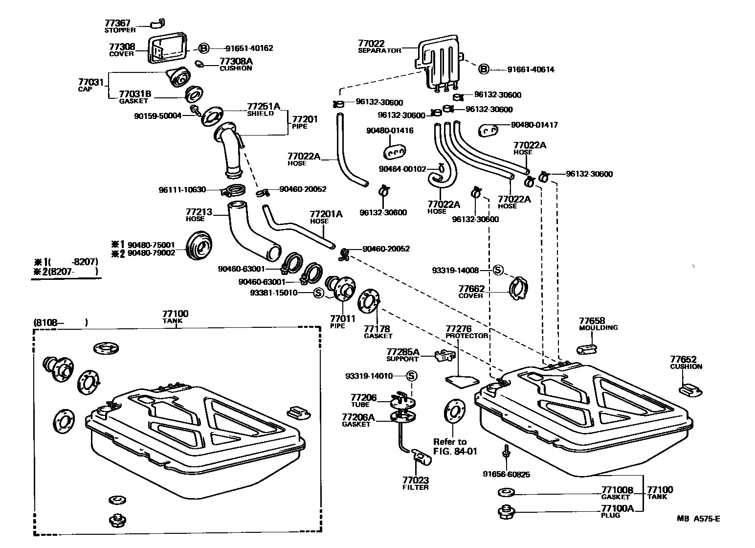 Toyota COROLLA 燃油箱和燃油管 EPC diagram — MBA575E