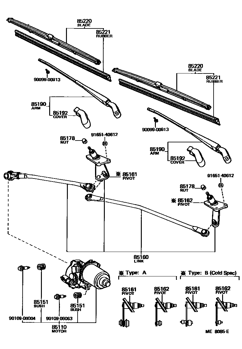Toyota COROLLA 挡风玻璃刮水器 EPC diagram — ME8085E