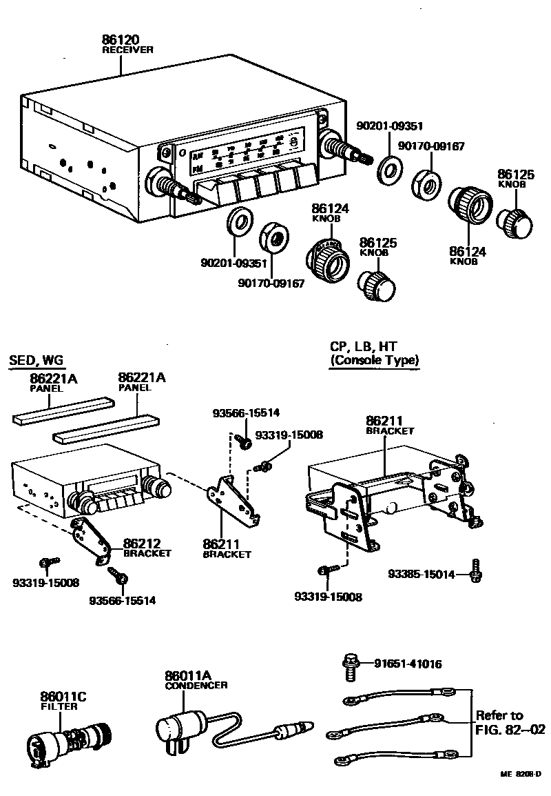 Toyota COROLLA 收音机、放大器和冷凝器 EPC diagram — ME8208D