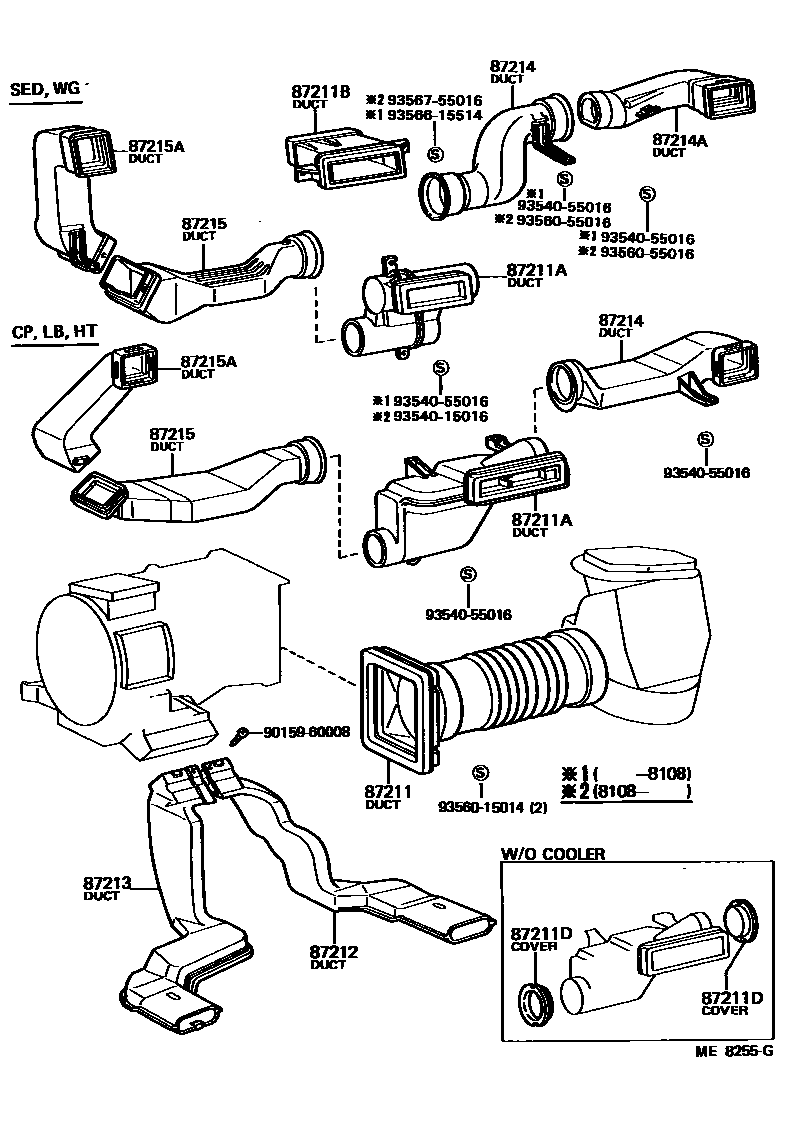 Toyota COROLLA 暖风和空调系统 - 控制器和风管 EPC diagram — ME8255G