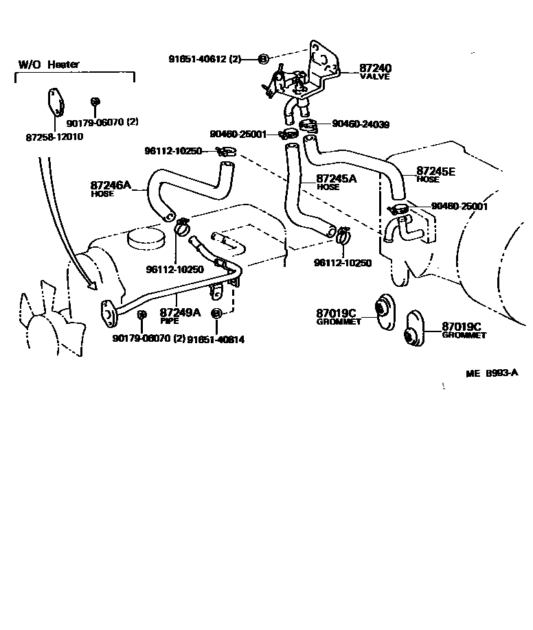 Toyota COROLLA 暖风和空调系统 - 水管 EPC diagram — MEB993A