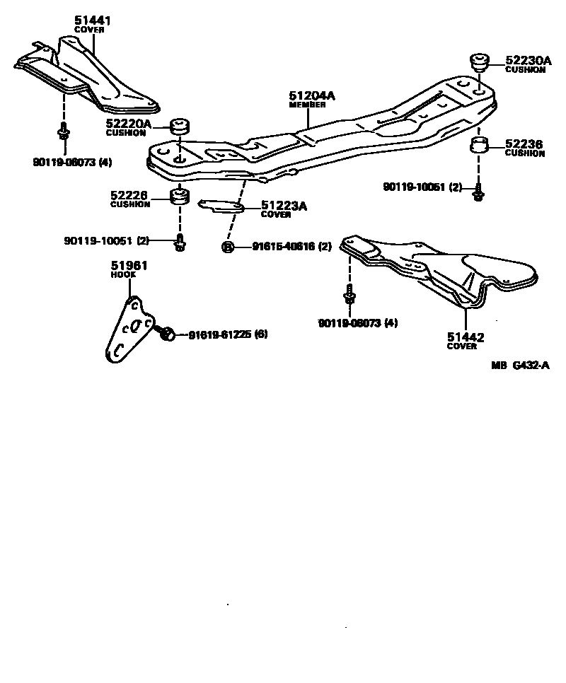 Toyota CAMRY 悬架横梁和发动机底罩 EPC diagram — MBG432A