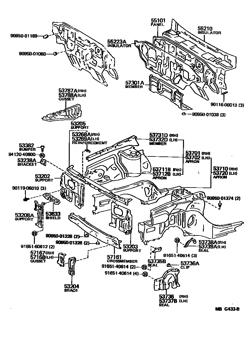 Toyota CAMRY 前翼子板挡泥板和前围板 EPC diagram — MBG433B