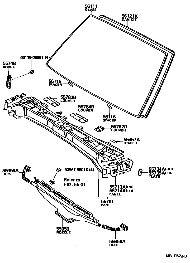 Toyota CAMRY 前围板和挡风玻璃 EPC diagram — MBE672B