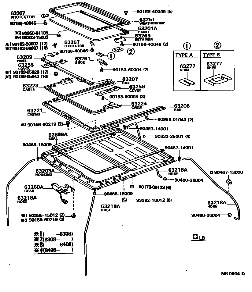 Toyota CAMRY 天窗板和背窗玻璃 EPC diagram — MBD904D