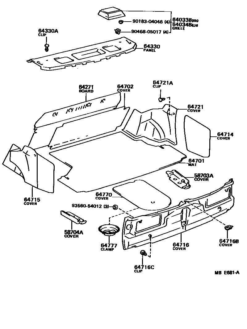 Toyota CAMRY 杂物箱板和行李箱垫 EPC diagram — MBE681A