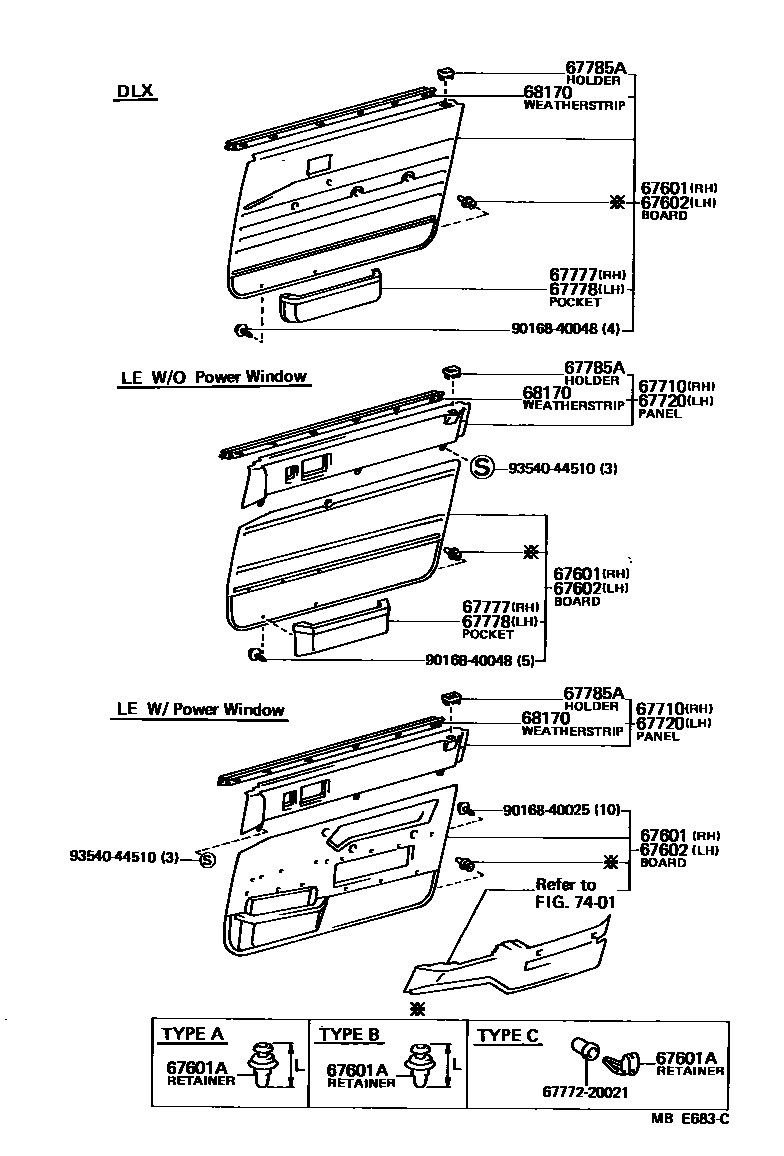 Toyota CAMRY 前门板和前门玻璃 EPC diagram — MBE683C