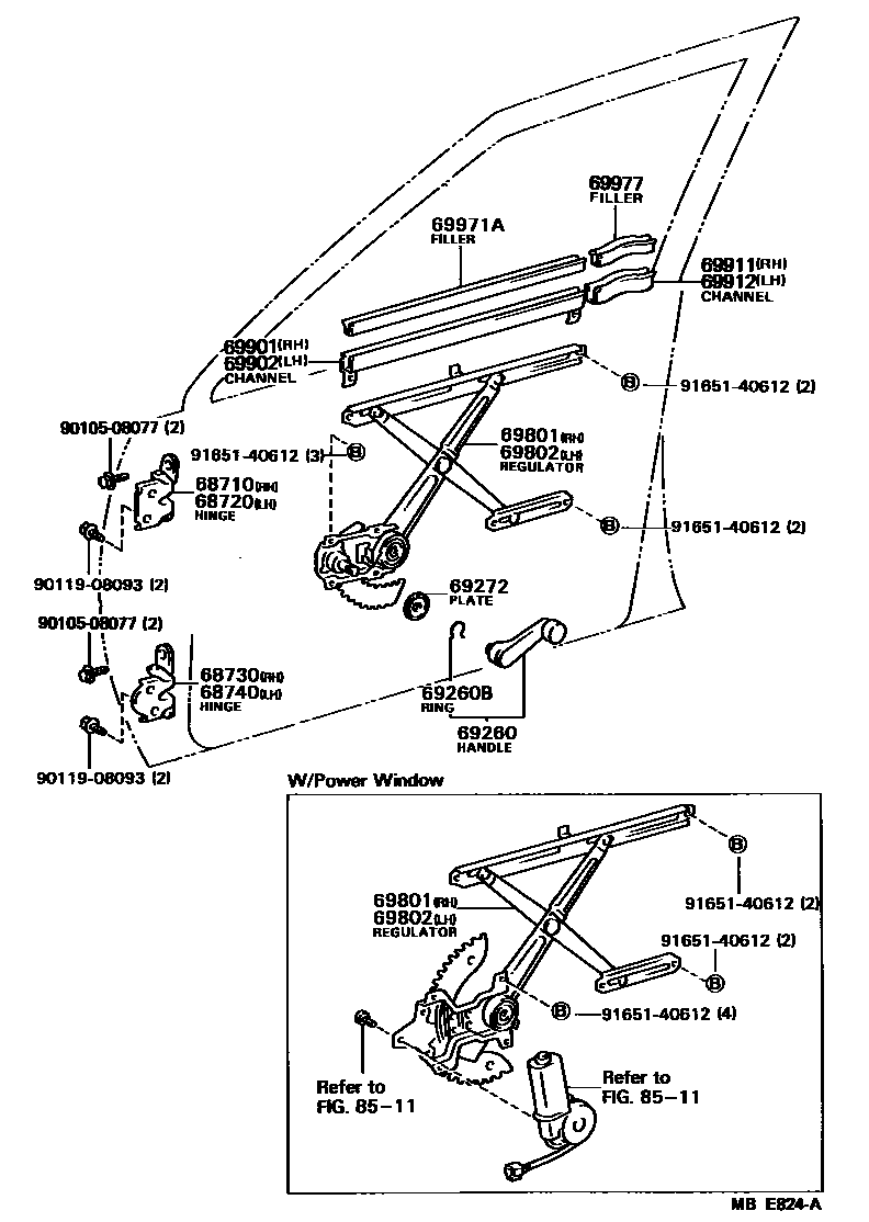 Toyota CAMRY 前门车窗升降器和合页 EPC diagram — MBE824A