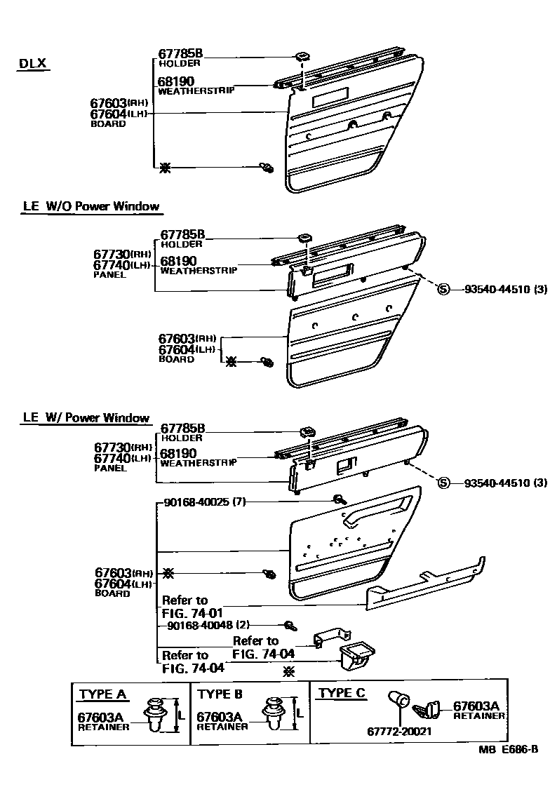 Toyota CAMRY 后门板和后门玻璃 EPC diagram — MBE686B