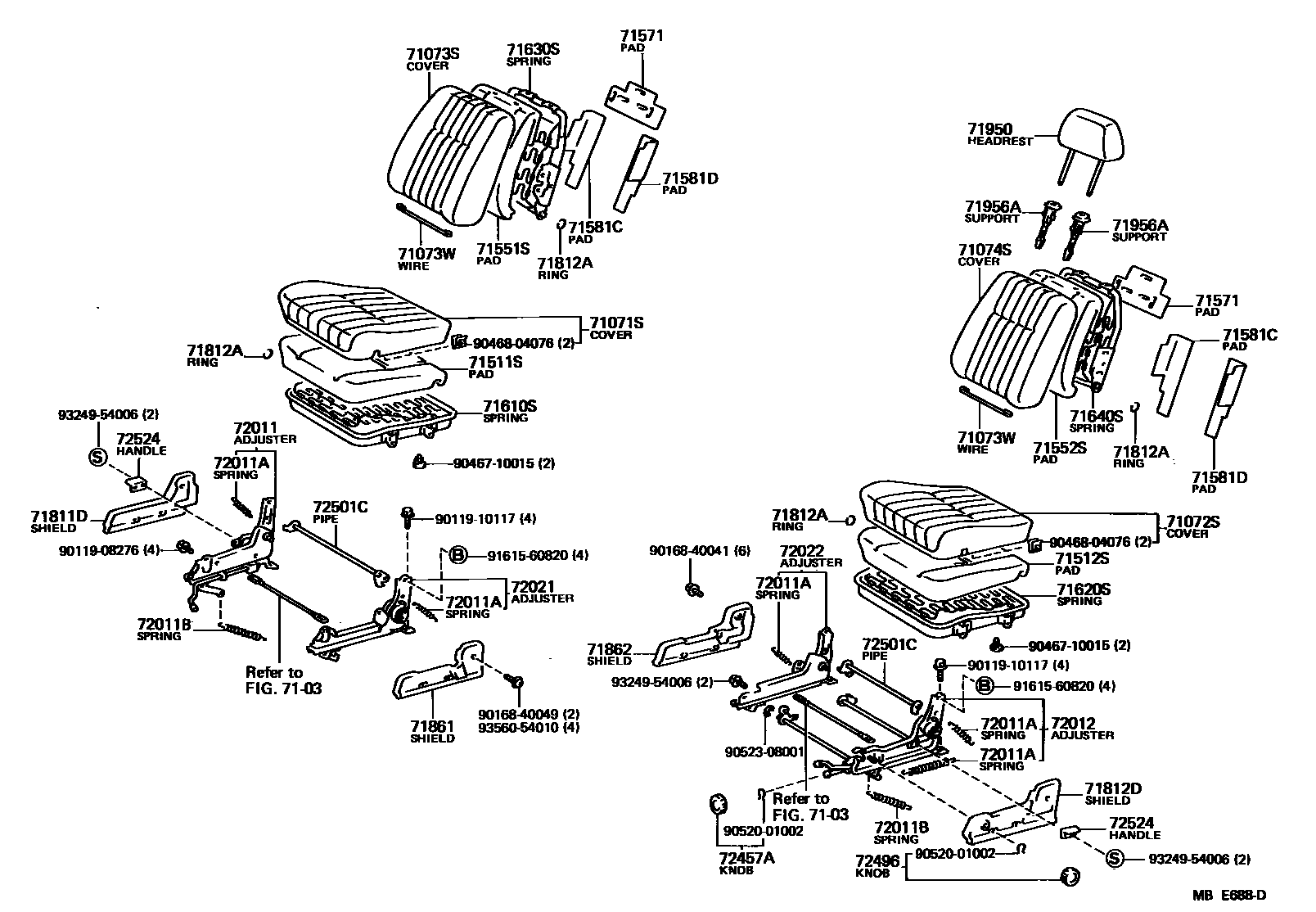 Toyota CAMRY 前排座椅和座椅滑轨 EPC diagram — MBE688D