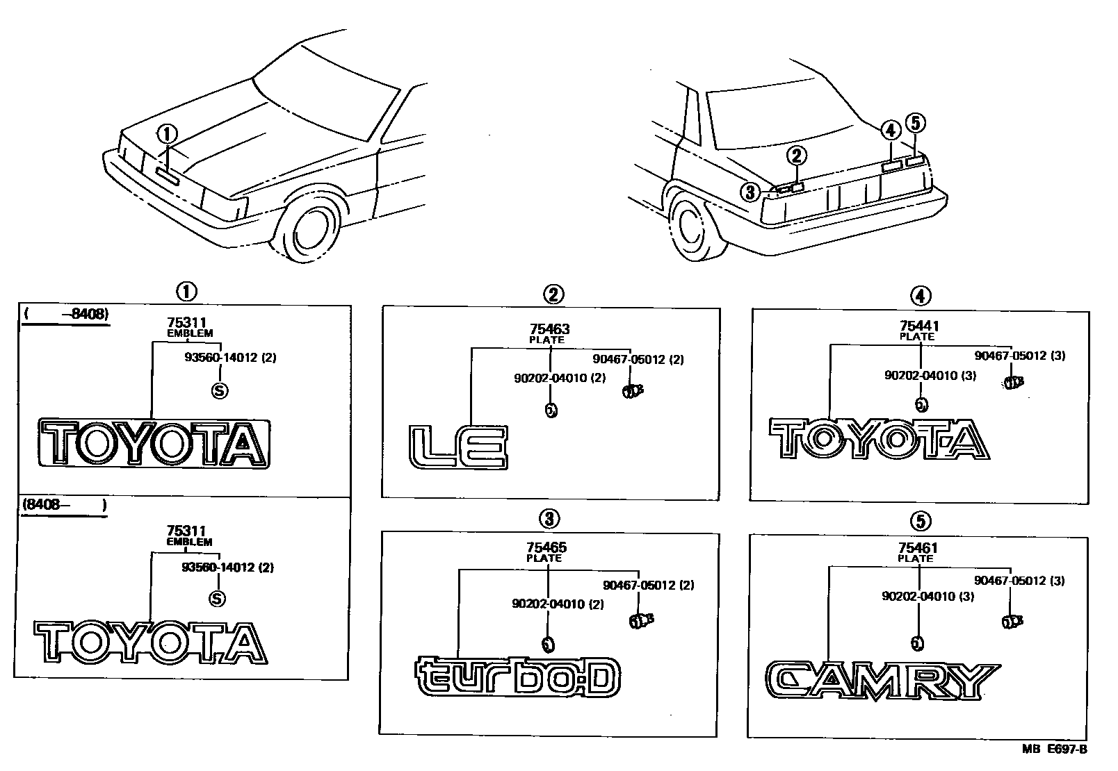 Toyota CAMRY 丰田徽标和铭牌(车外和车内) EPC diagram — MBE697B