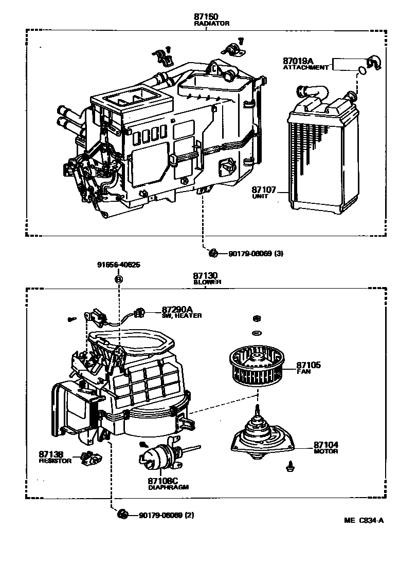 Toyota CAMRY 暖风和空调系统 - 加热装置和鼓风机 EPC diagram — MEC834A