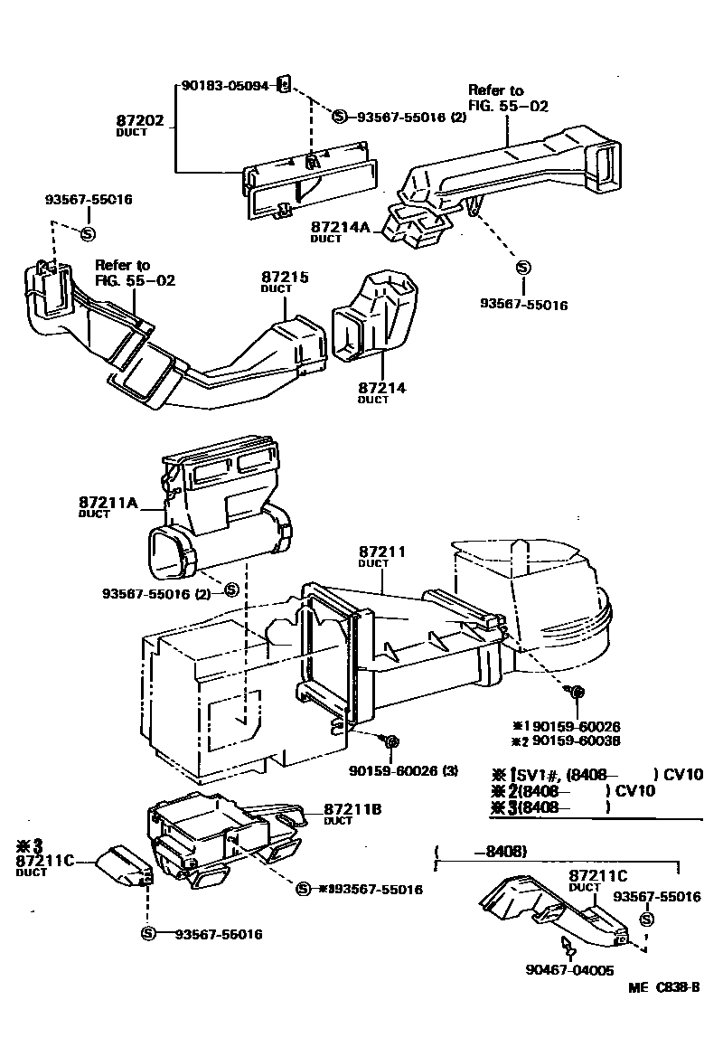 Toyota CAMRY 暖风和空调系统 - 控制器和风管 EPC diagram — MEC838B