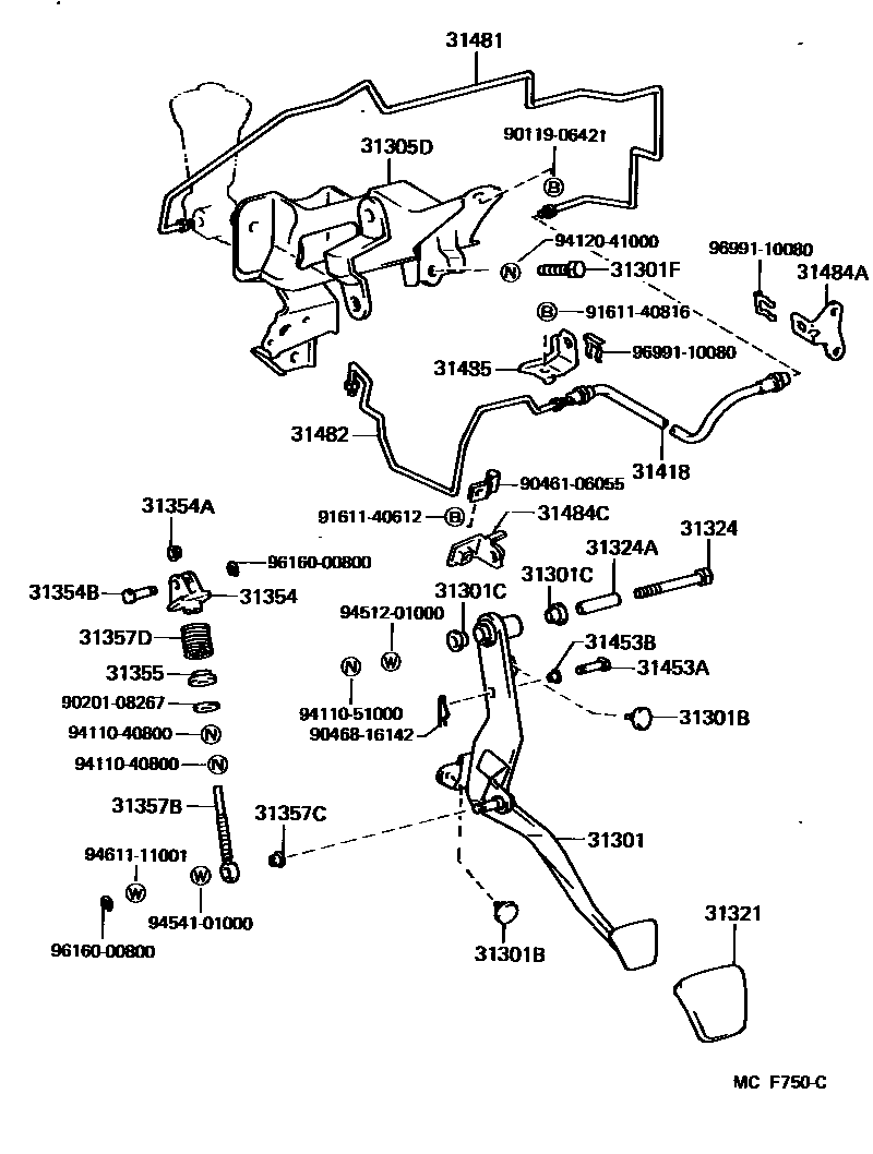 Toyota CAMRY 离合器踏板和挠性软管 EPC diagram — MCF750C