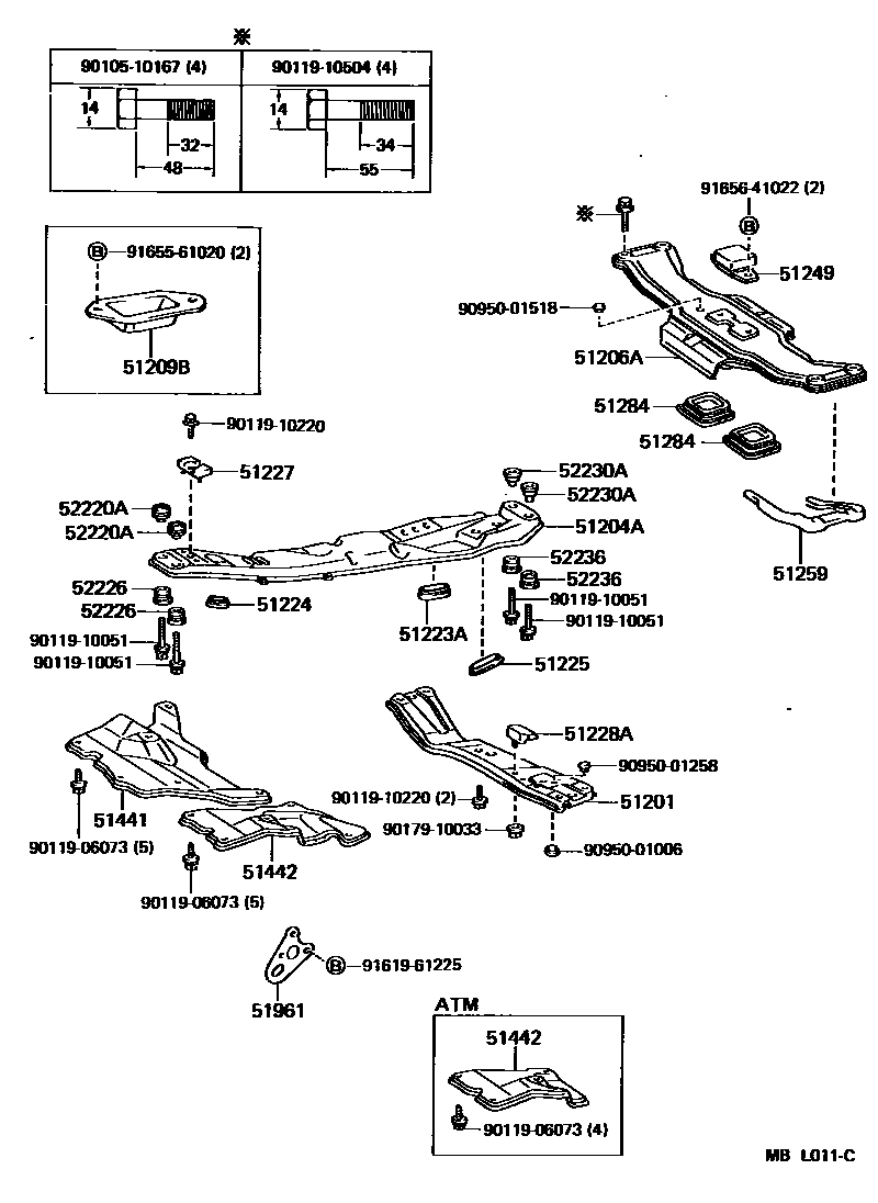 Toyota CAMRY 悬架横梁和发动机底罩 EPC diagram — MBL011C
