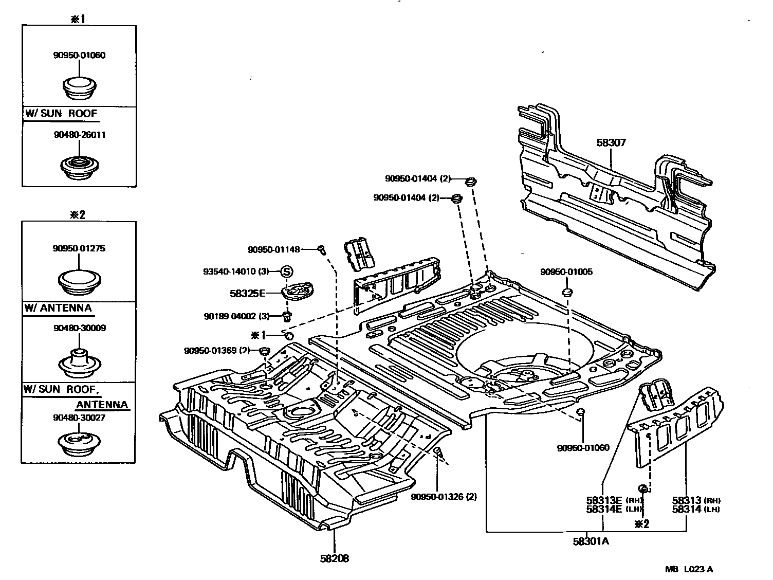Toyota CAMRY 浅盘形地板和车身下背板 EPC diagram — MBL023A