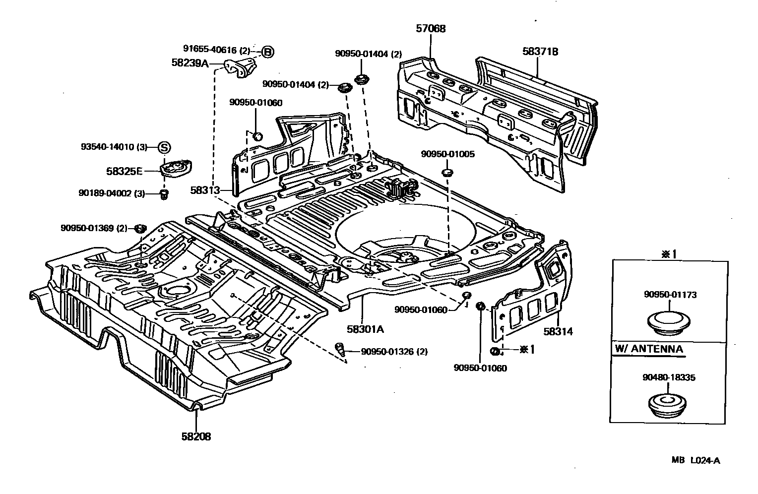 Toyota CAMRY 浅盘形地板和车身下背板 EPC diagram — MBL024A