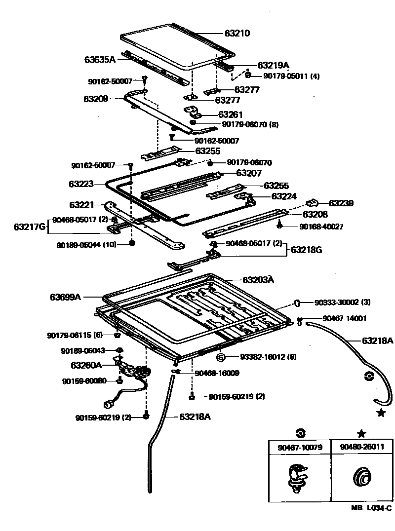 Toyota CAMRY 天窗板和背窗玻璃 EPC diagram — MBL034C