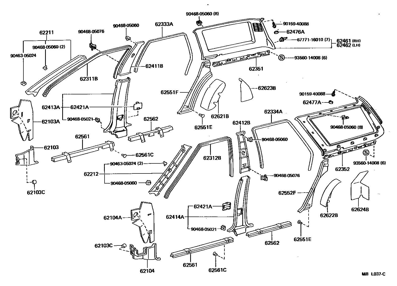 Toyota CAMRY 内饰板和车门防水胶条 EPC diagram — MBL037C