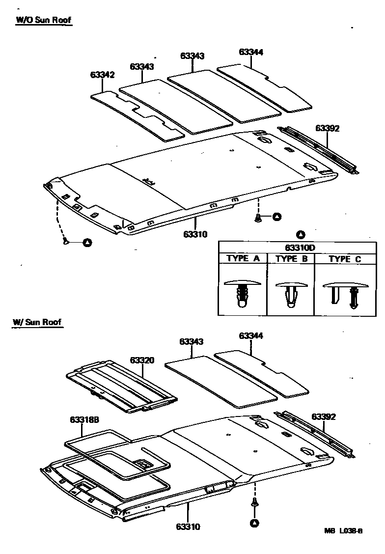 Toyota CAMRY 车顶内衬和消声垫 EPC diagram — MBL038B