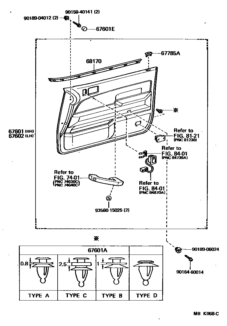 Toyota CAMRY 前门板和前门玻璃 EPC diagram — MBK968C