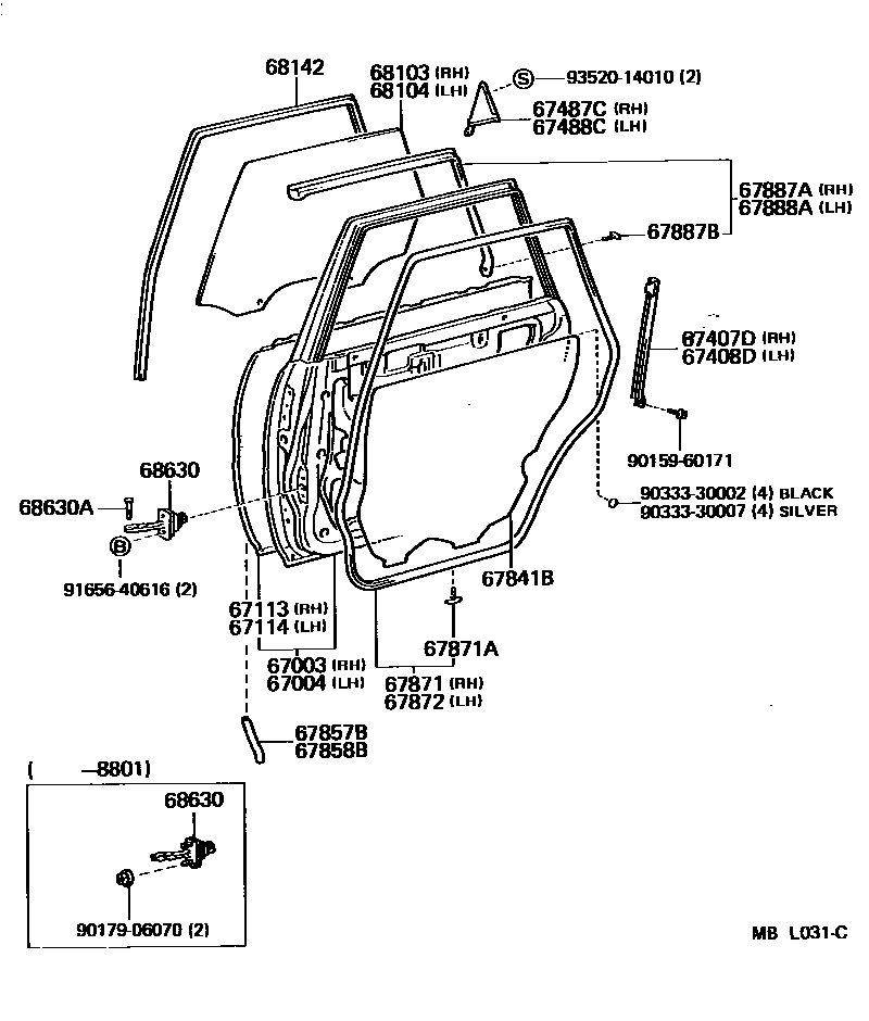 Toyota CAMRY 后门板和后门玻璃 EPC diagram — MBL031C