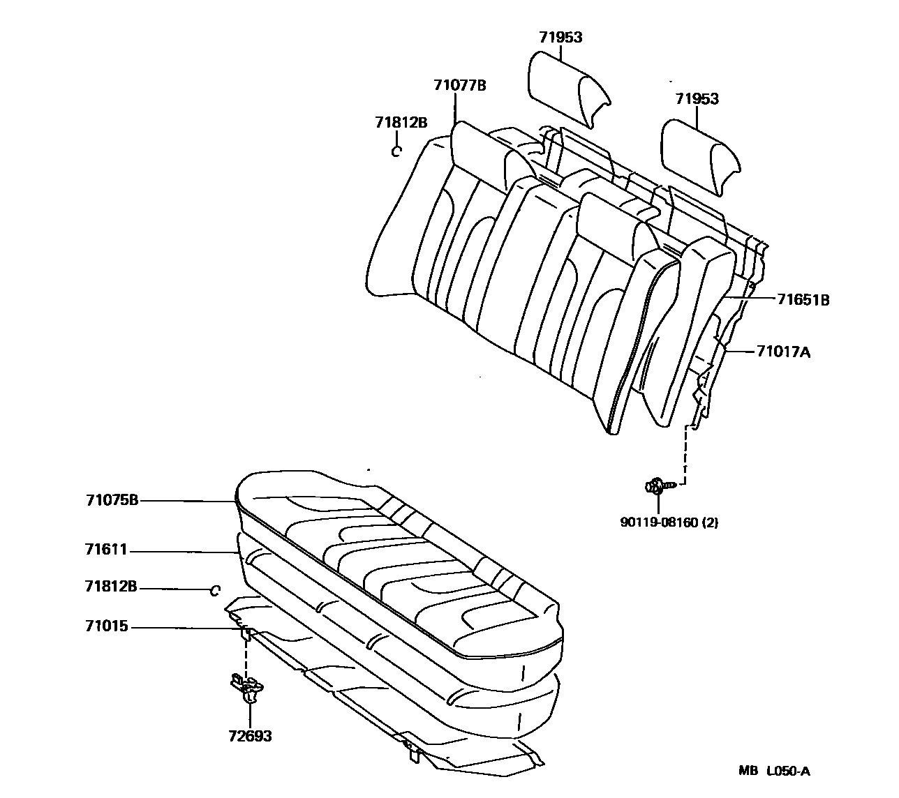 Toyota CAMRY 后排座椅和座椅滑轨 EPC diagram — MBL050A