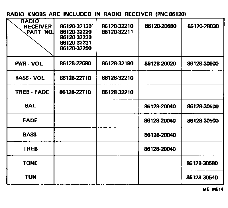 Toyota CAMRY 收音机、放大器和冷凝器 EPC diagram — MEM514