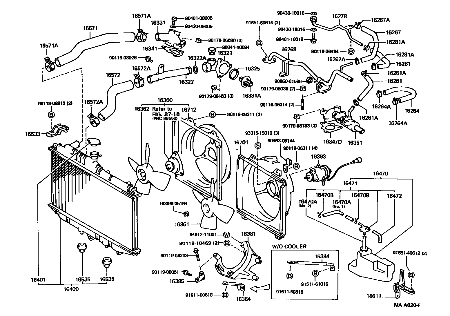 Toyota CAMRY RADIATOR & WATER OUTLET EPC diagram — MAA820F